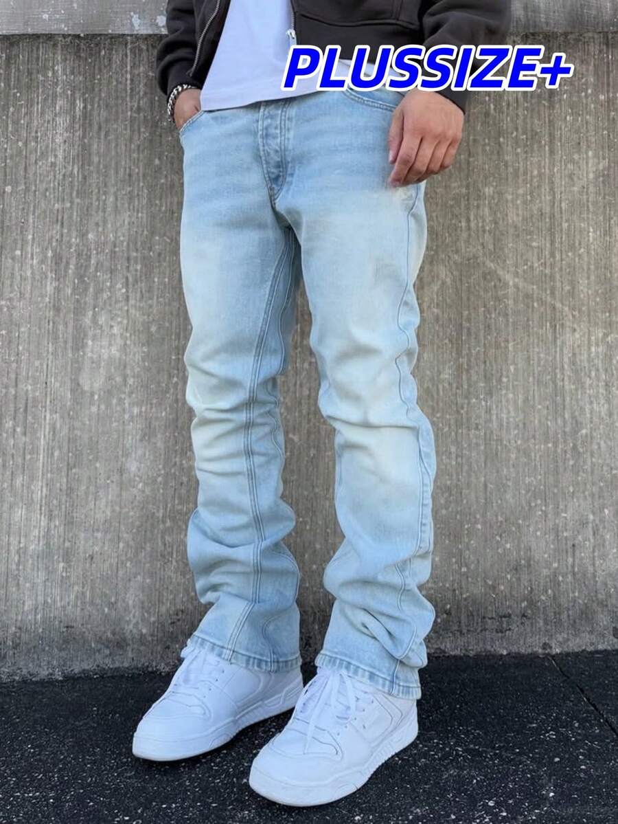 Men's Vintage Washed Light Blue Elastic Casual Jeans, Versatile American Streetwear Style, Suitable For Spring And Autumn - Light Wash - View 1