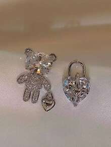 新娘不对称锆石小熊爱心耳环一对 - 彩色 - 查看 7