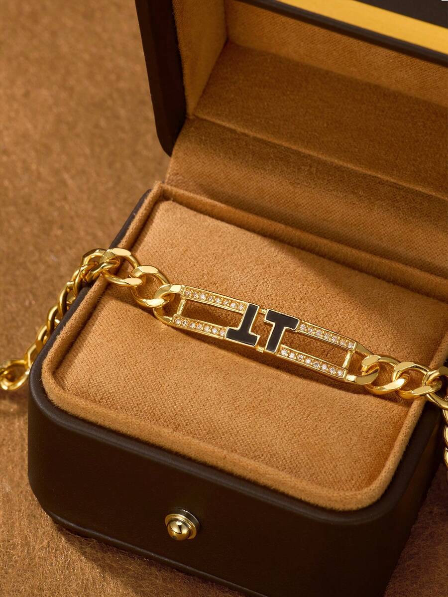 1 Stück modischer klassischer glänzend vergoldeter 18k Gold Armreif mit drei fünfzackigen Sternen und Zirkonia Einlagen, geeignet für den täglichen Gebrauch von Frauen, ohne Verpackung - Schwarzes Doppel-T-Armband - Übersicht 1