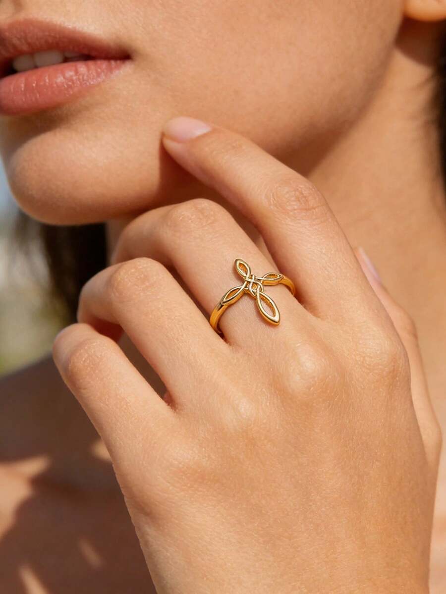 1 Pc Fashion Knot Cross Ring For Women Gold Color Stainless Steel Geometric Ring Wedding Party Jewelry Gift - Gold 1 - View 1