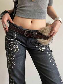 1pc Women's Coffee-Colored PU Leather Punk Style Double Row Rivet Decor Belt, Versatile Accessory Summer, School Fall, Autumn, Halloween SBXU - Cà phê - Xem 7