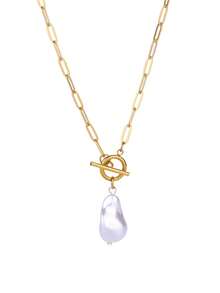 1pc Luxury Baroque Pearl OT Clasp Necklace, 18K Gold Plated Stainless Steel Paperclip Chain Pendant, High-End Design Jewelry, Gift For Commute And Dating - Yellow Gold - View 5