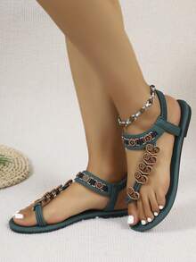 1 Pair Vintage Flower Decorated Thong Sandals, Featuring Wooden Texture Flower Decor And Toe Strap Design - Green - View 3