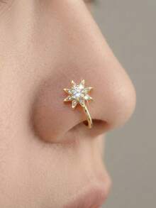 5pcs Gold Zirconia Nose Cuff Set, Moon Cat Star Flower Cloud Design Rhinestone Nose Ring, Non Piercing Fake Nose Clip Jewelry For Women - Gold 2 - View 6