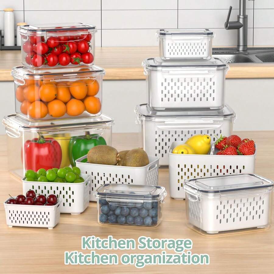 Fruit Storage Containers For Fridge With Removable Strainer, Airtight Food Storage Boxes With Lids, Dishwasher Friendly Refrigerator Organizers, Extend Berry & Fruit Freshness, Set Of 6 - Trắng - Xem 1