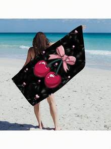 1pc Heart-Shaped Cherry Design Beach Towel, Extra Large & Ultra-Soft Microfiber Quick Dry Beach Towel, Lightweight & Soft For Travel, Swimming, Camping - A - View 14