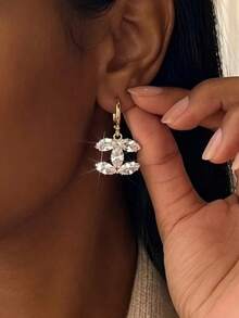 1 Pair Fashionable Elegant Minimalist Luxury High-End Rhinestone Inlaid CC Pendant Earrings, Suitable For Women's Daily Wear (Comes With Anti-Oxidation Box) - Gold - View 4