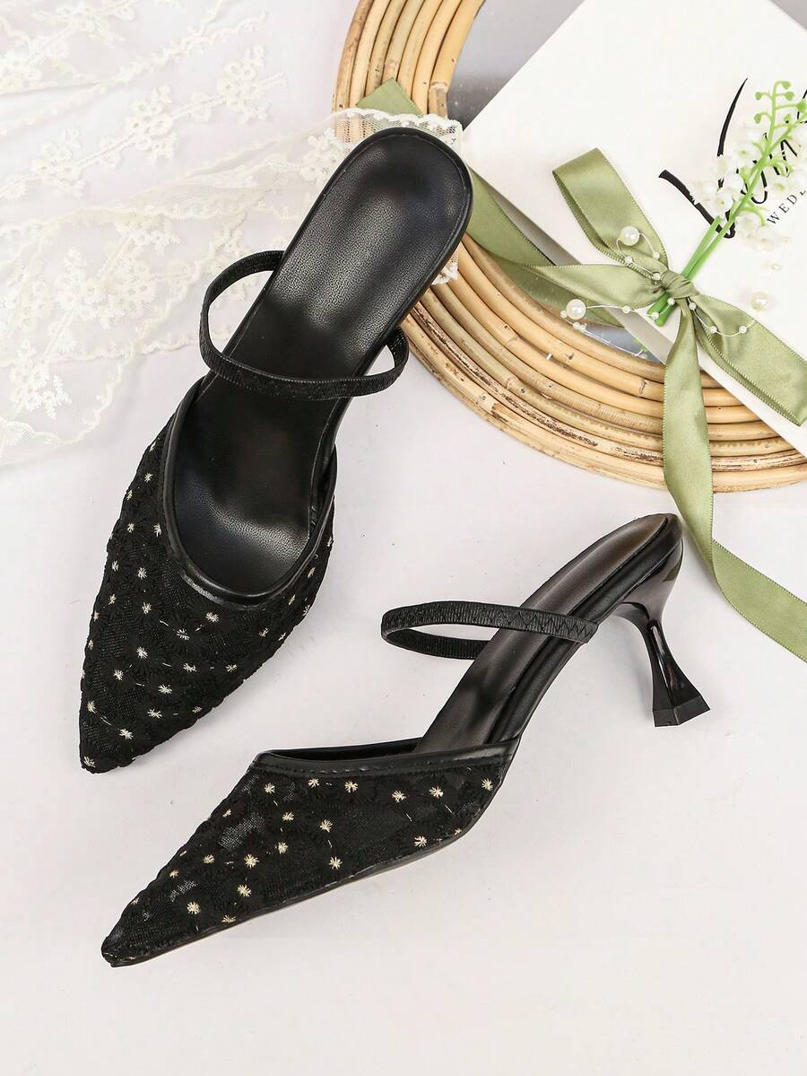 New Mesh Pointed Toe Chunky Heel Sandals Mules Two-Way Wear Pumps