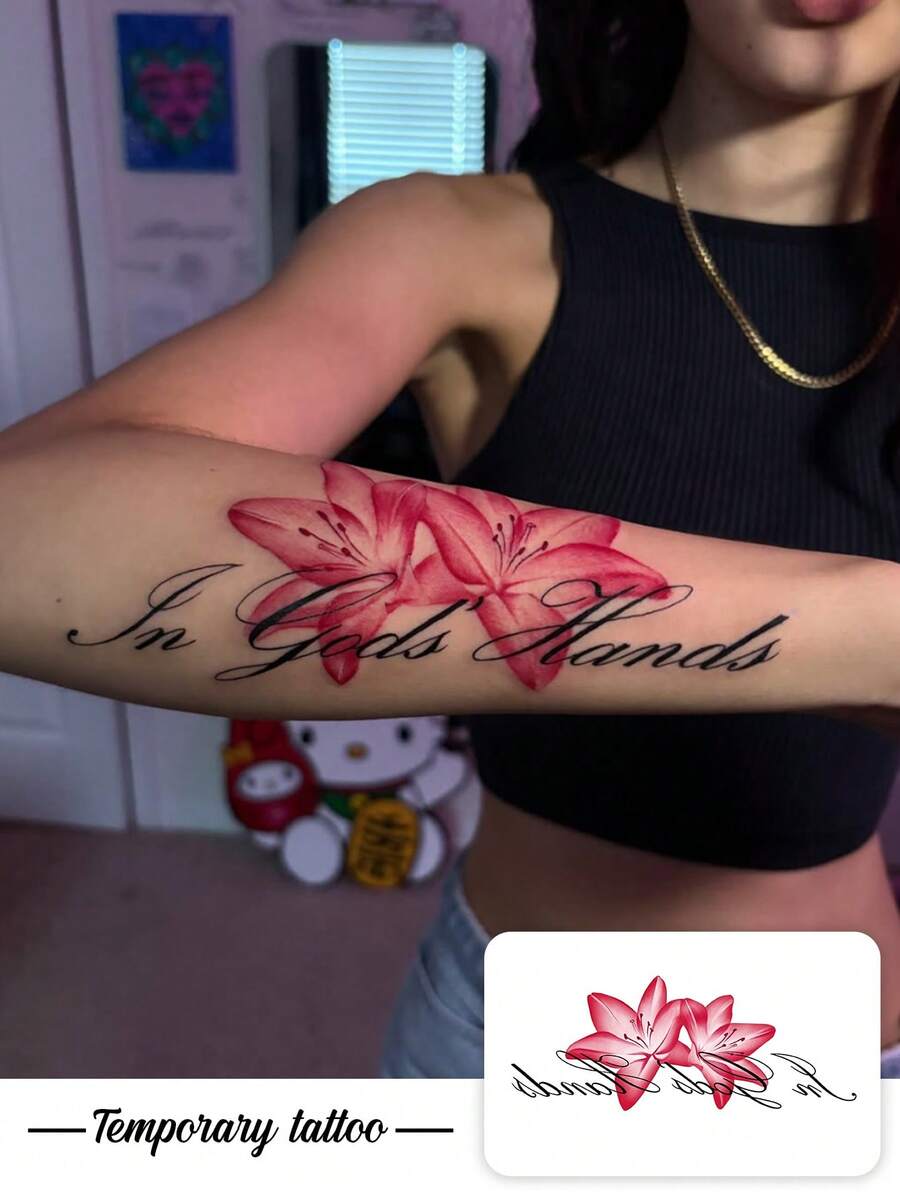 1pc Valentine's Day Limited Edition Y2K Style Red Lily Flower & English Letter Waterproof Sweatproof Washable Temporary Tattoo, Suitable For Arm & Shoulder, Realistic 3-5 Days Lasting - Multicolor - View 1