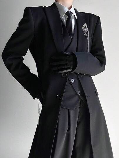 Yamamoto Style Long Suit Jacket For Men And Women With A Sense Of Luxury, Black Shoulder Coat With Slim Fit, Men's Casual Design, Long Suit Jacket