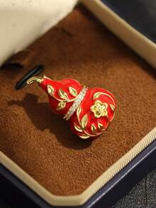 1pc Red Enamel Red Gourd Brooch, Elegant Exquisite Gold Petal Auspicious Brooch With Rhinestones - Multicolor - View 3