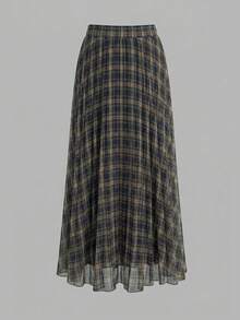 Chân váy xếp ly chữ A kẻ caro xanh dương, cạp chun, thanh lịch dành cho nữ, thích hợp mặc đi làm hàng ngày vào mùa xuân. - Lưới màu xanh - Xem 3