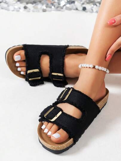 时尚百搭舒适复古厚底圆头厚底休闲户外露趾罗马沙滩穆勒凉鞋，春夏穿搭