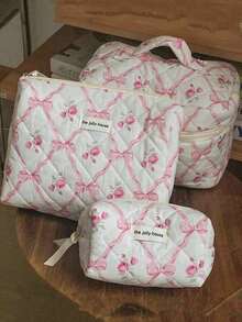 3pcs Pink Quilted Bow & Rose Pattern Cosmetic Bag Set, Fashion Portable Makeup Pouch - Multi-Functional Storage Bag, Large Capacity Cute Toiletry Bag, Lightweight Zipper Makeup Organizer, Sweet Style Cosmetic Container, Printed Toiletry Bag Suitable For Lipstick, Brushes, Skincare, Phone, Coins, Small Items, Mother's Day Gift - View 8