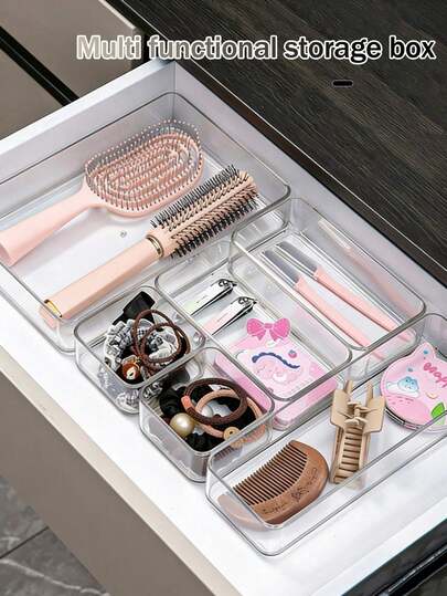 77pcs/6pcs/5pcs/1pc Drawer Divider Storage Box, Hair Accessory Organizer Box With Built-In Grid, Jewelry & Cosmetic Storage Box, Transparent PET Plastic Material, Multi-Functional Compartment Box, Hair Accessory & Tool Organizer Box For Combs, Mirrors, Tweezers Etc., Available In Multiple Sizes, Suitable For Home Drawers, Bedroom, Dorm, Bathroom, Desk