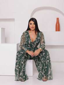Macacão Feminino Com Decote Em V E Modelagem Fluida Tule - Verde - Visão 3