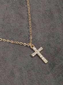 Vintage Gothic Style Rhinestone Cross Necklace, Unisex - Yellow Gold - View 4