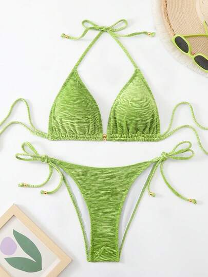 Bộ bikini buộc dây hở lưng gợi cảm, chất liệu co giãn vừa phải, đồ bơi 2 mảnh dành cho nữ.