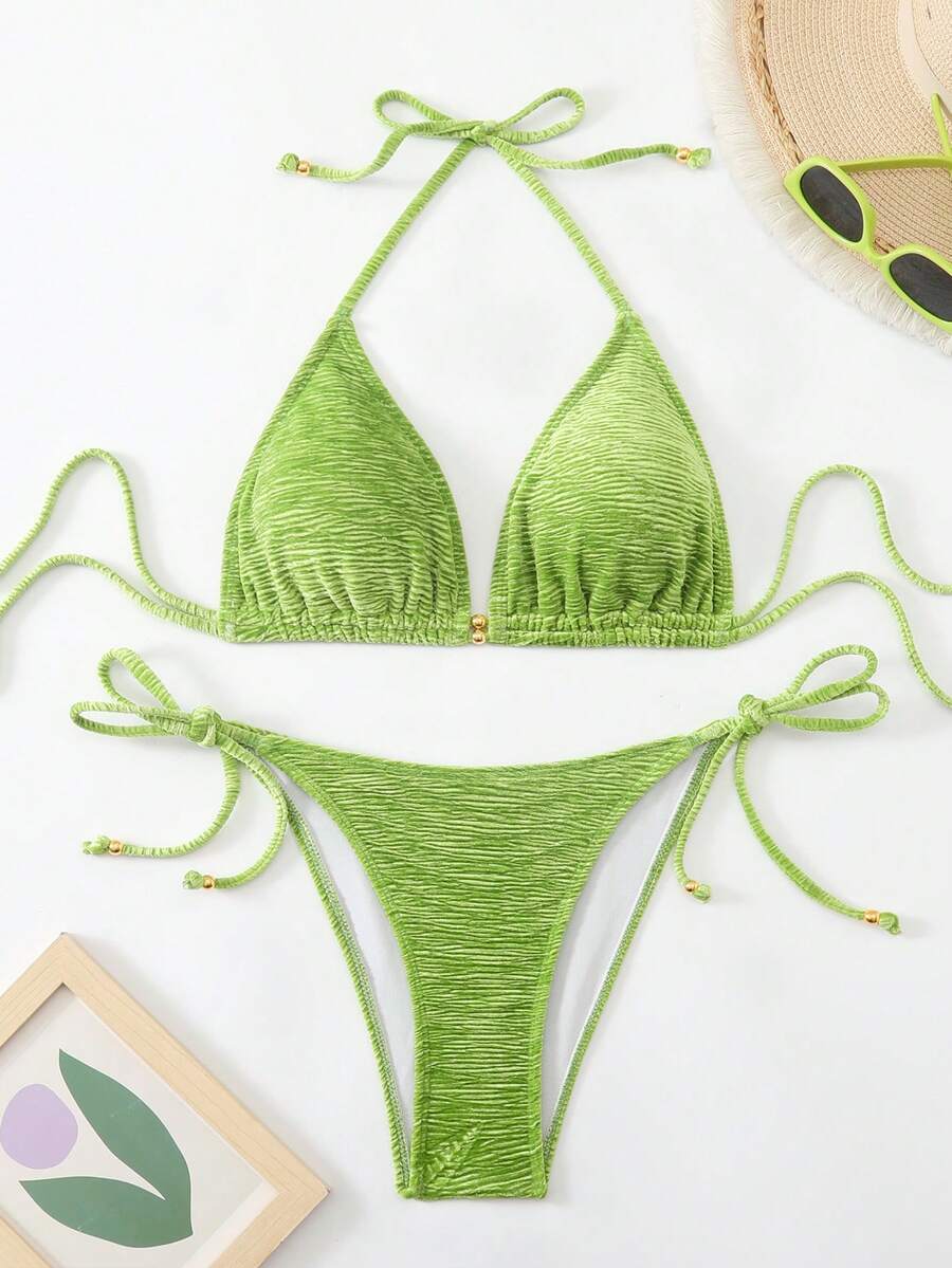 Bộ bikini buộc dây hở lưng gợi cảm, chất liệu co giãn vừa phải, đồ bơi 2 mảnh dành cho nữ. - màu xanh lá - Xem 1
