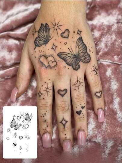 1pc Fashionable Waterproof Butterfly, Heart, Star Temporary Tattoo, Gradient Black & Gray Pattern, Feminine Finger & Back-Of-Hand Decor