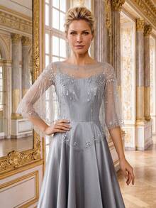 Women's Elegant Lace Shawl Formal Dress - Grey - View 2
