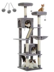 PAWZ Road Cây hoa mèo PEQULTI, Cây mèo cao 70,9" cho mèo trong nhà, Cây mèo lớn cho mèo lớn, Tháp mèo cao nhiều tầng với 6 trụ cào, 2 chuồng mèo, 2 sào, võng lớn, quả bông - Xám - Xem 10
