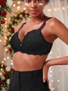 女士蕾丝性感钢圈内衣，提拉塑形，舒适贴身，节日礼物 - 黑色 - 查看 4