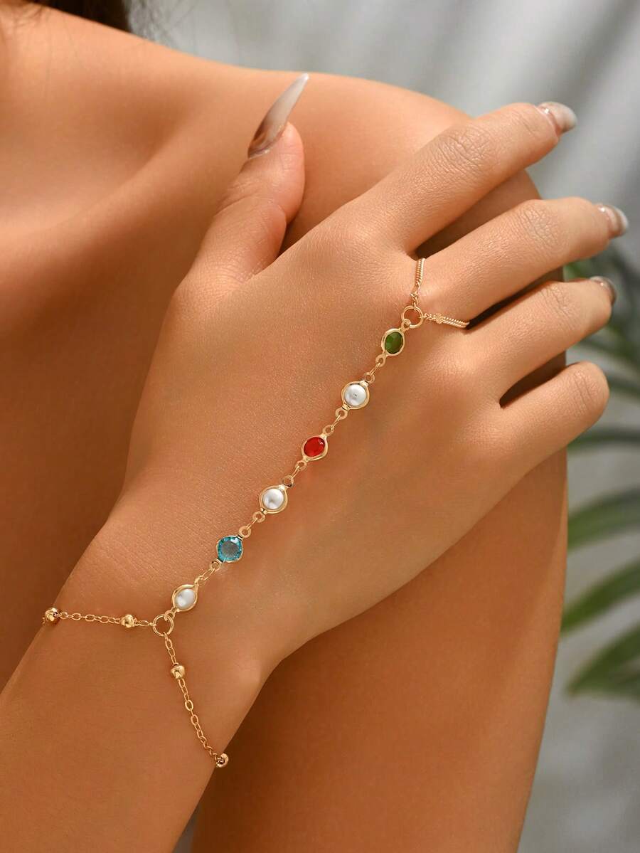 1 szt. Kolorowy koralikowy łańcuszek na palec w stylu boho, minimalistyczna bransoletka z perłami i ozdobami, zestaw pierścionków, dodatek plażowy, unikatowa biżuteria ręczna