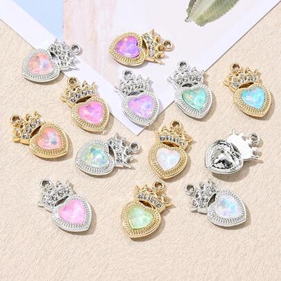 10pcs Romantic Crown Heart Shaped Alloy Pendant, Colorful Gradient Heart Design With Rhinestones, Charming Heart Pendant, Fashion DIY Jewelry Making Accessories For Bracelet Necklace