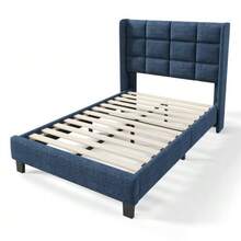 Modern Upholstered Bed With Padded Headboard. Single Slatted Bed, 90 X 200 Cm, In Blue Linen, Medium Firmness (Mattress Not Included). - Royal Blue - View 5