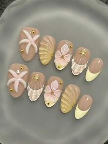 10片装甜美法式ins清新Y2k浅黄色扎染3D立体海星粉色5瓣雕刻贝壳纹理浮雕水波纹短杏仁美甲贴纸 - 黃色 - 查看 2