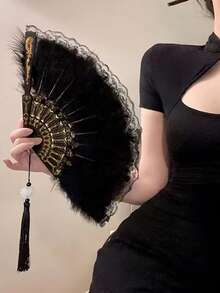 Chinese Traditional Style Feather Fan Cheongsam Female Fashion Show Folding Fan Hanfu Black Lace Fan Dance Fan Retro Chinese Fan, Classical Lolita Lace Fan Cheongsam Fashion Show Photo Folding Fan Dark Style Lace Fan Photo Props - Multicolor - View 5