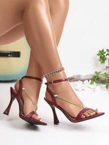 1双基本款高跟凉鞋，尖头细跟，女士夏季正装鞋 - 酒紅色 - 查看 2