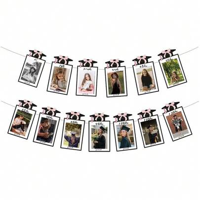 一套粉色蝴蝶结毕业派对DIY串珠照片横幅，蝴蝶结毕业照片横幅，祝贺毕业横幅，1-12年级里程碑横幅，幼儿园至12年级照片花环毕业装饰