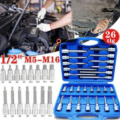 26-Piece Internal Multi-Tooth Set 1/2" Socket Wrench Sockets Nut Tool M5-M16 Made Of Vanadium Steel Matt