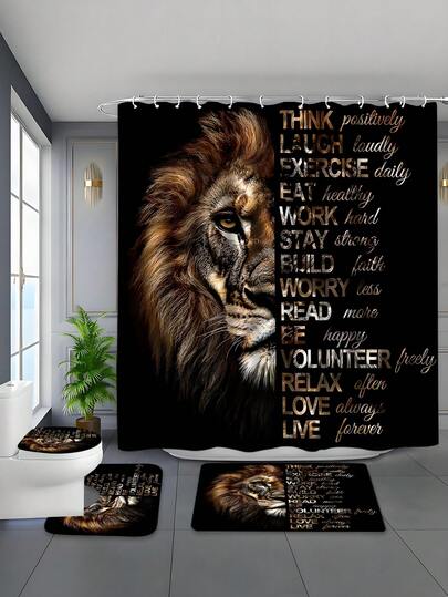 1/4pcs Printed Waterproof Shower Curtain Set, Includes Shower Curtain, 12pcs Hooks, Anti-Slip Mat, U-Shaped Mat, And Toilet Lid Cover, Thick Polyester Fabric, Mildew Resistant, Solves Bathroom Water Accumulation Issues