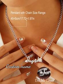 个性化哑光名字心形项链，不锈钢吊坠可定制字母项链，女士生日珠宝礼物 - 雙層磨砂銀色-5NK鏈 - 查看 8