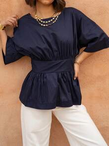 女士时尚露背系带蝴蝶结半袖圆领上衣，常规下摆，梭织面料，适合夏季穿着 - 寶藍色 - 查看 3