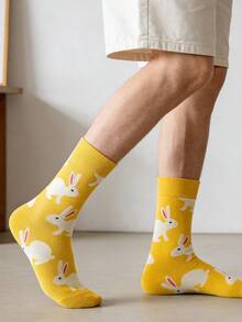 1双男士黄色底白色兔子图案中筒袜，四季皆宜。 - 彩色 - 查看 5