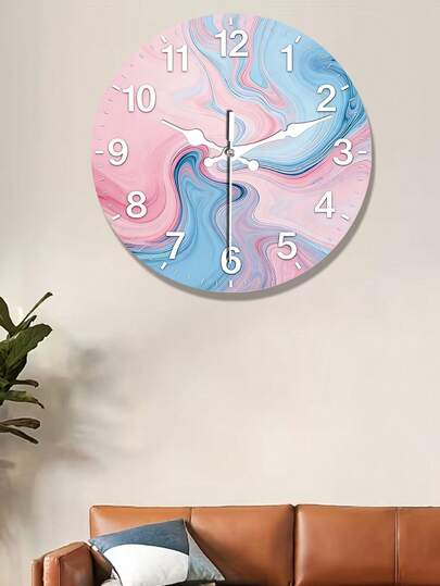 粉蓝渐变大理石纹圆形木质挂钟，黑色指针，白色表盘 - 机芯，粉蓝渐变，复合木框 - 现代优雅大钟，适用于客厅、卧室 - 报时，静音扫秒