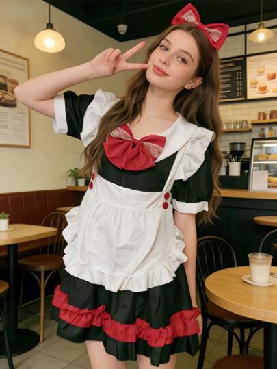 1pc Maid Lolita Dress, Cute Devil Lolita Black & Red Bow Tie Cat Maid Vampire Waist Dress, Suitable For Cute Girls, Holiday Photo Shoots, Parties, Cosplay, Stage Performance