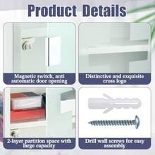 Timgle - Armario de primeros auxilios de pared con cerradura para colgar en la pared con puerta de vidrio de  para el baño 3 estantes color blanco - Blanco - Ver 4