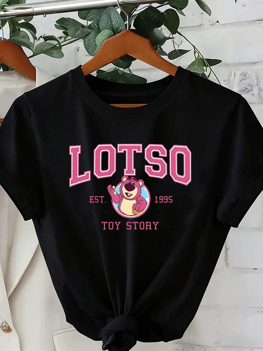 Disney Lotso Bear Oversized T-Shirt: White Loose Fit Cotton Tee With Preppy Style Graphic, Perfect For Toy Story Fans, Theme Park Visits And Casual Wear, Ideal Gift - 黑色 - 查看 1