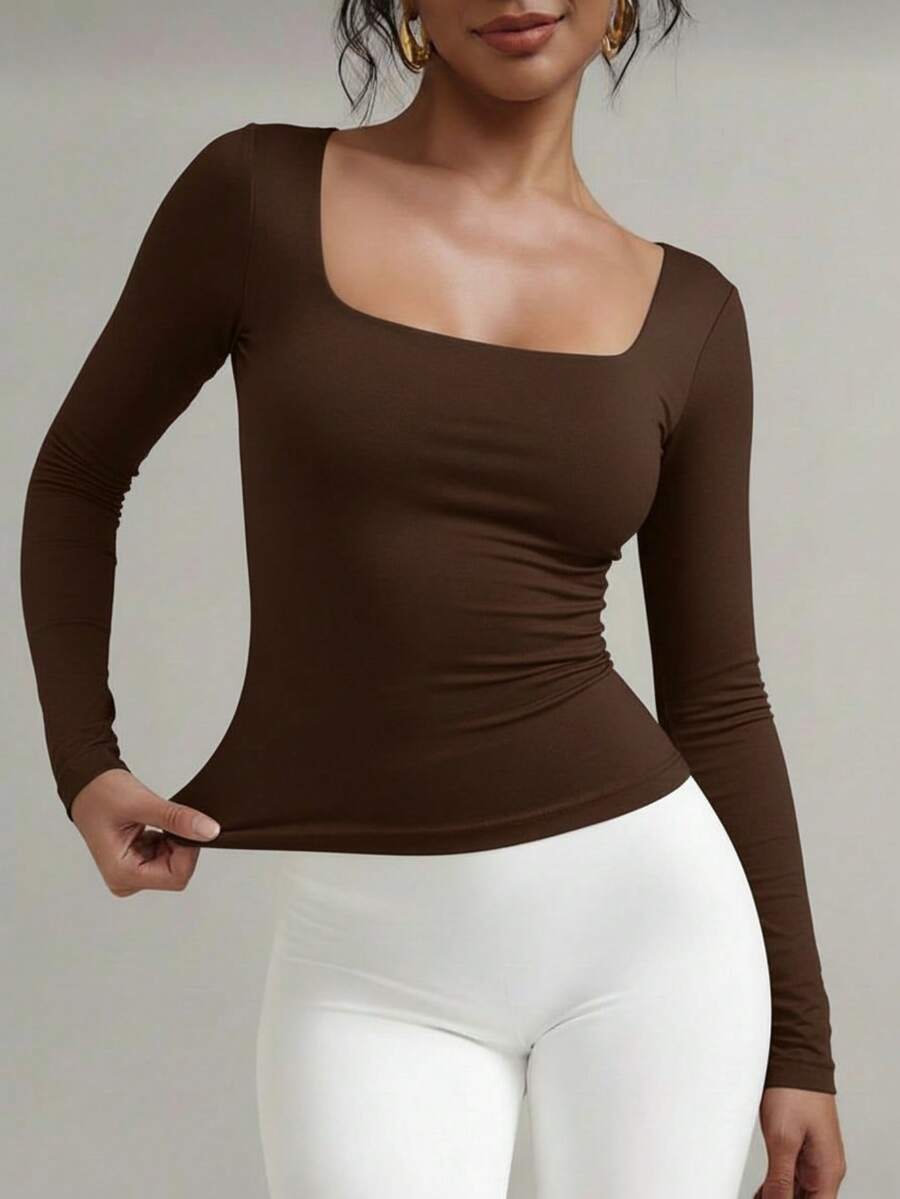 Women's Second Skin Blouse, Long Sleeve, Square Neck, Soft Supplex Fabric, Lined, Elastic, Premium Style, Casual, Elegant, Versatile, - Cà phê nâu - Xem 1