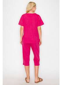 Women Short Sleeves Embroidered Cotton Blend Lounge Wear  Sets - 紫紅色 - 查看 6