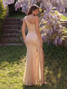 ADYCE 亮片单肩开衩长款连衣裙，配长腰带，优雅正式，适合鸡尾酒会、返校舞会、晚宴、婚礼及其他正式场合。也可作为毕业典礼、晚宴等活动的宾客礼服。春季派对必备 - 杏色 - 查看 2