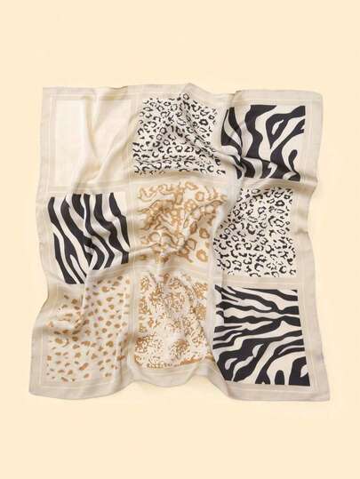 1条女士新款豹纹印花围巾，27.56英寸仿丝方巾，可作领巾、头巾等多功能配饰，适合日常搭配。