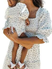Mommy And Me Matching Dresses Short Sleeve Square Neck Print Dress Family Matching Sundress Outfits, Mother Daughter Matching Dresses, Family Matching Outfits - 媽媽白M - 查看 4