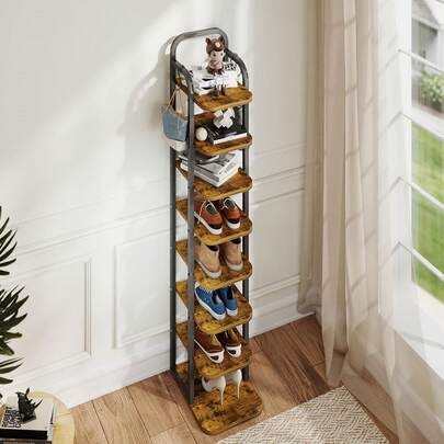 Vertical Tall Shoe Rack, 8 Tier Corner Narrow Shoe Tower With Adjustable Shelves And 2 Hooks For Living Room, Entryway (Vintage Brown)