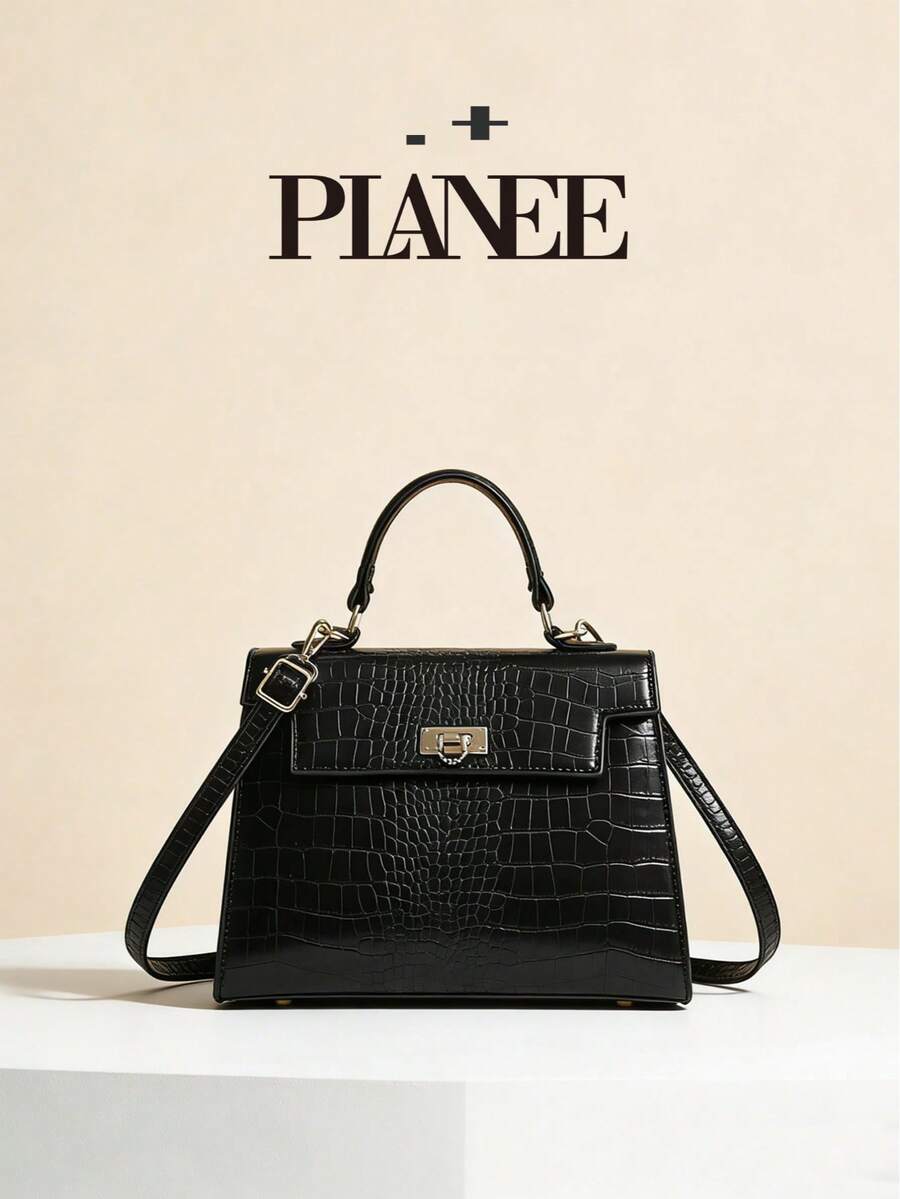 Crocodile Embossed Kelly Style Satchel Handbag With Top Handle & Adjustable Crossbody Strap For Women - Black - View 1